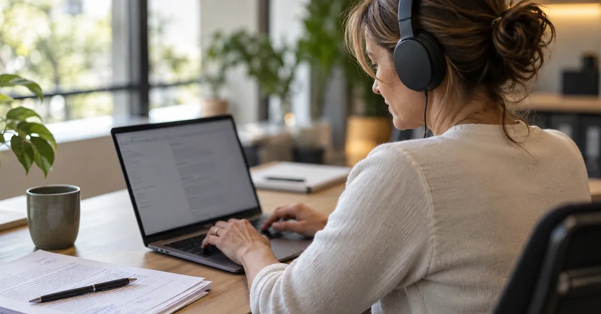 Rédactrice transcrivant l'enregistrement d'une réunion au casque pour en rédiger le procès-verbal