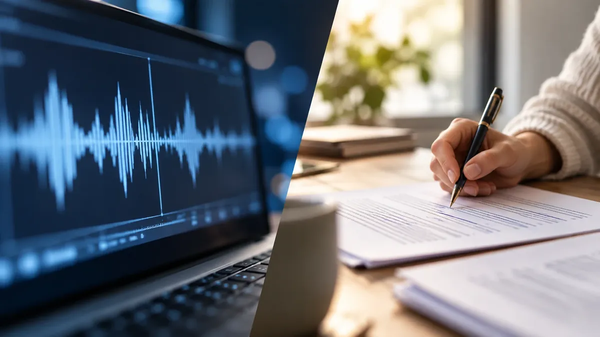 D'un côté, la forme d'onde d'un enregistrement audio sur un écran ; de l'autre, une main qui annote un procès-verbal imprimé